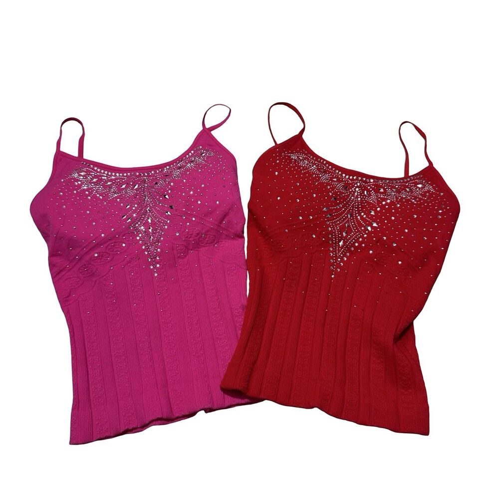 Set Of 2 Vintage Y2K Chebery USA Red Pink Strappy Cami Top ONE SIZE Rhinestone